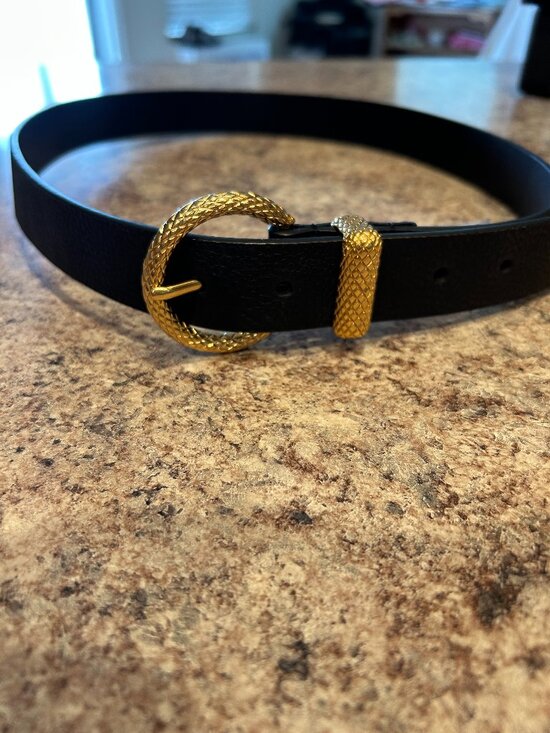 Rebecca Minkoff Black Leather Belt with Gold Tone Snake Buckle M